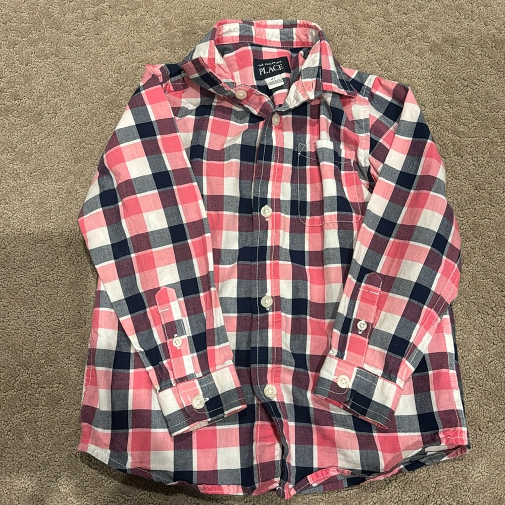 4T BOY PINK AND NAVY PLAID BUTTON DOWN DRESS SHIRT